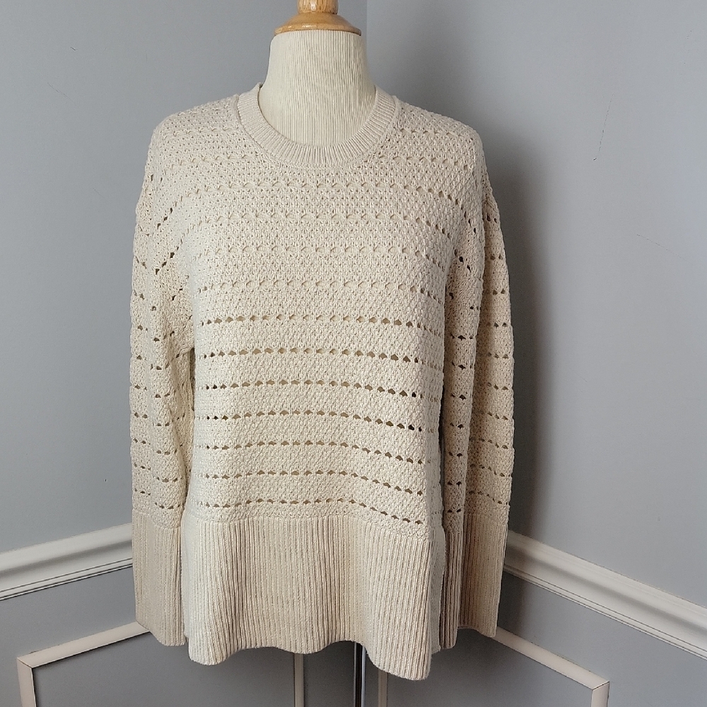 GAP‎ Ivory Pointelle Knit Preppy Cottage Boho Banded Cuffs Hem Crew Neck Sweater